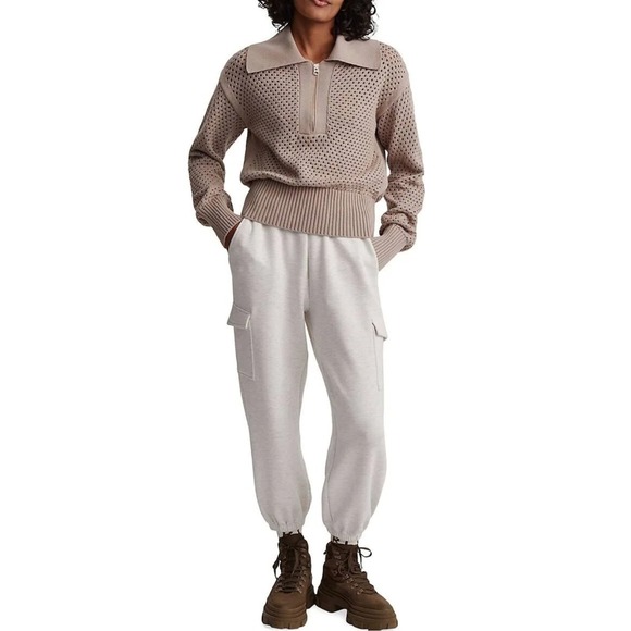 NWOT New VARLEY Lily Knit Polo Tan Perforated Quarter Zip Collared Sweater XS - Picture 11 of 13